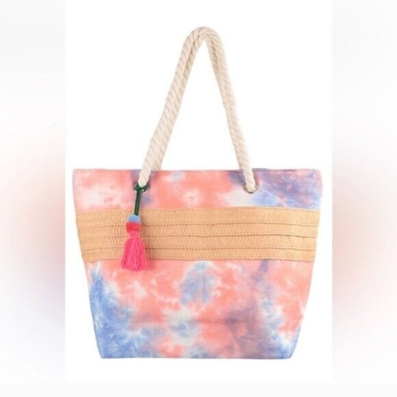 Tie-Dye Canvas Tote Bag w/Rope Handles & Tassel Accent Zipper Closure-NEW - Picture 1 of 6